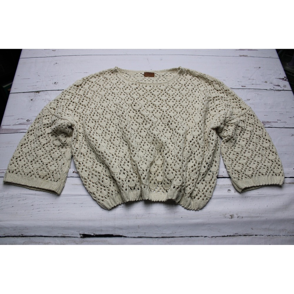POL Crochet Knit Chenille Sweater Cream Medium Boho Cottagecore - Picture 2 of 8